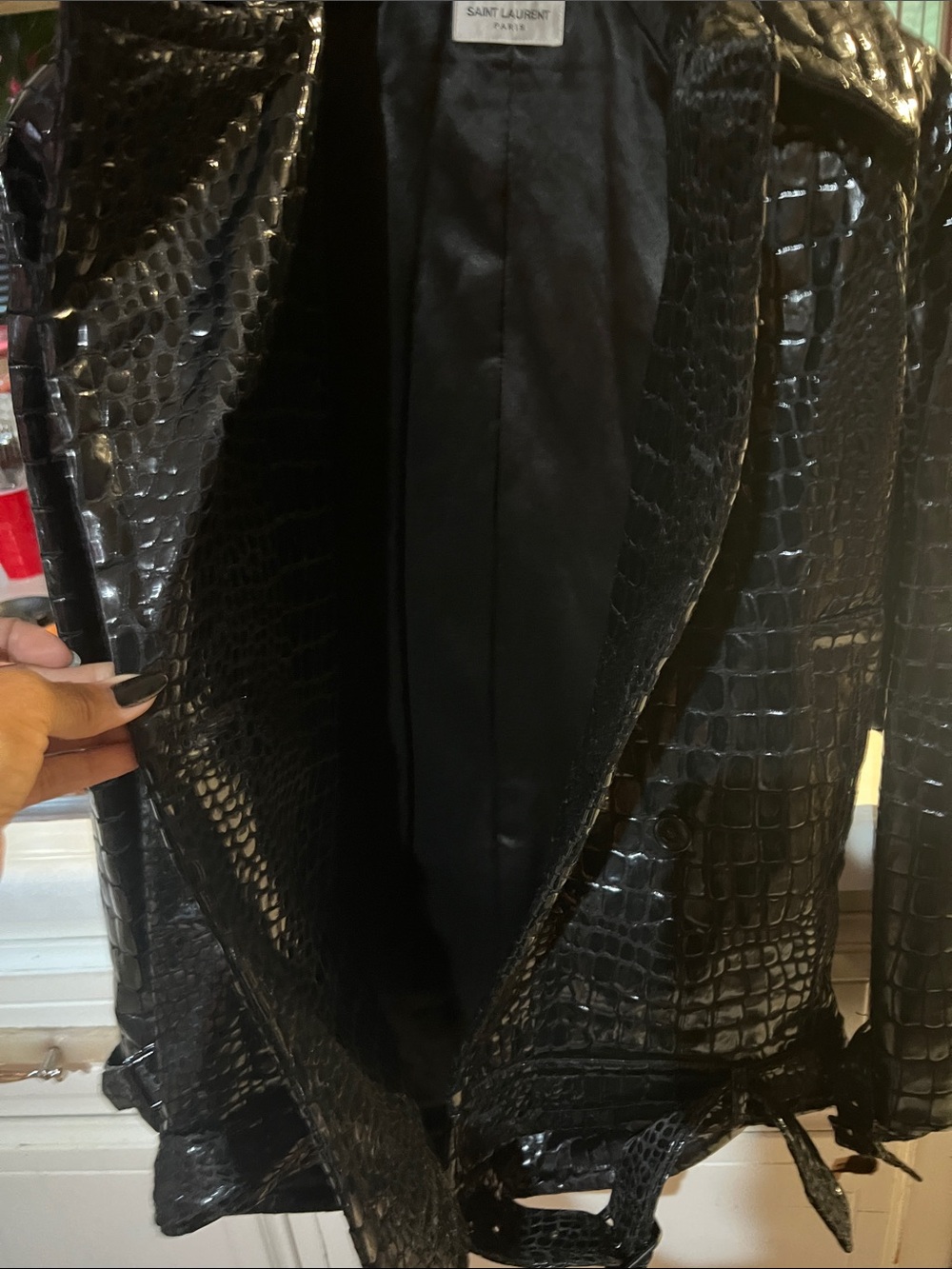 Saint Laurent Black Croc-Embossed Patent Trench Jacket - Picture 4 of 7